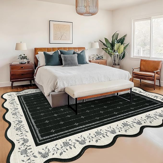 Garvee Scalloped Washable Rug 9x12 Rugs for Living Room Non Slip Black | Neutral Nursery Rug Modern Bordered Floral Mat Indoor Soft Non-Shedding Accent Carpet for Bedroom Dining Room Kids Room Dorm