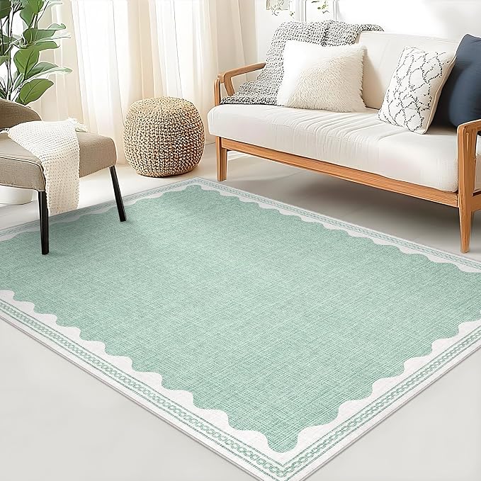 3x5 Scalloped Area Rugs Green Washable Entryway Bedroom Rug | Solid Tan Rug for Bedroom Girls, Non Slip Throw Carpet With Rubber Back, Soft Dorm Nursery Scalloped Rugs for Dining Room