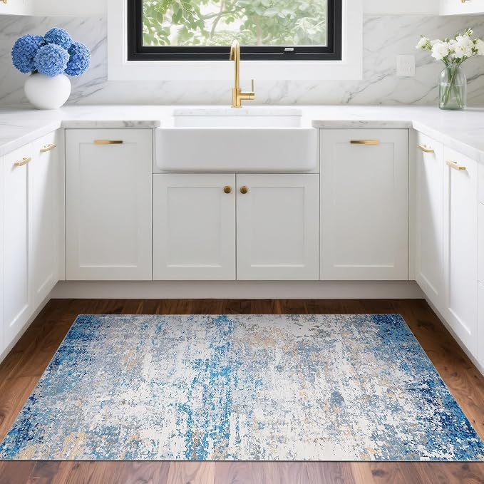 ROYHOME Modern Abstract 2x3 Area Rug, Blue/Grey | Non Slip Non Shedding Low Pile Stain Resistant Rug for Entryway Kitchen Bedroom