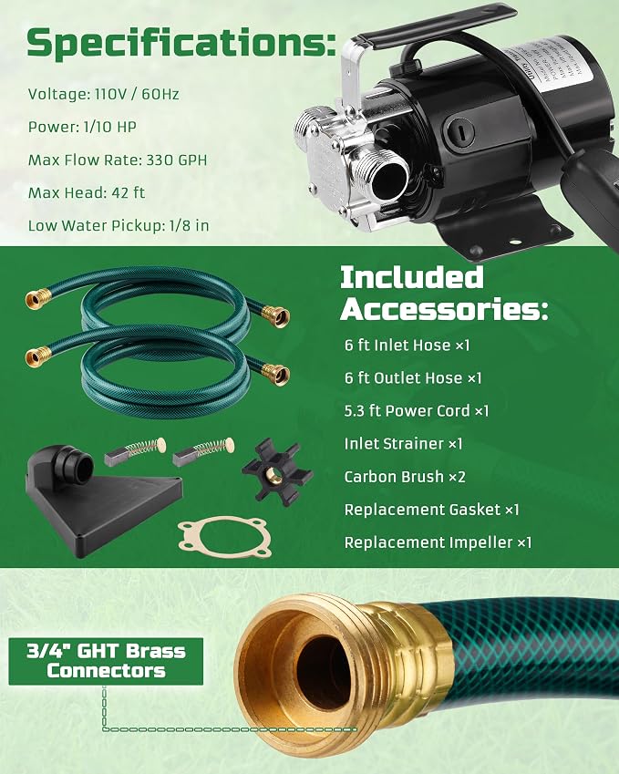 1/10HP Water Transfer Pump, Electric Utility Pump w/ 2 x 6 ft Garden Hose Kit, 110V 330GPH Water Removal Pump for Rain Barrel, Flooding & Aquarium, Self Priming Garden Water Drain Pumps