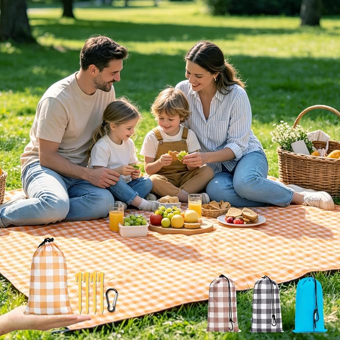 Fammart Pocket Picnic Blanket Sandproof Waterproof, Portable Lightweight Camping Tarp, Quick Dry Foldable Compact Beach Mat with Corner Pockets & Stakes for Festivals Hiking Outdoor Essentials