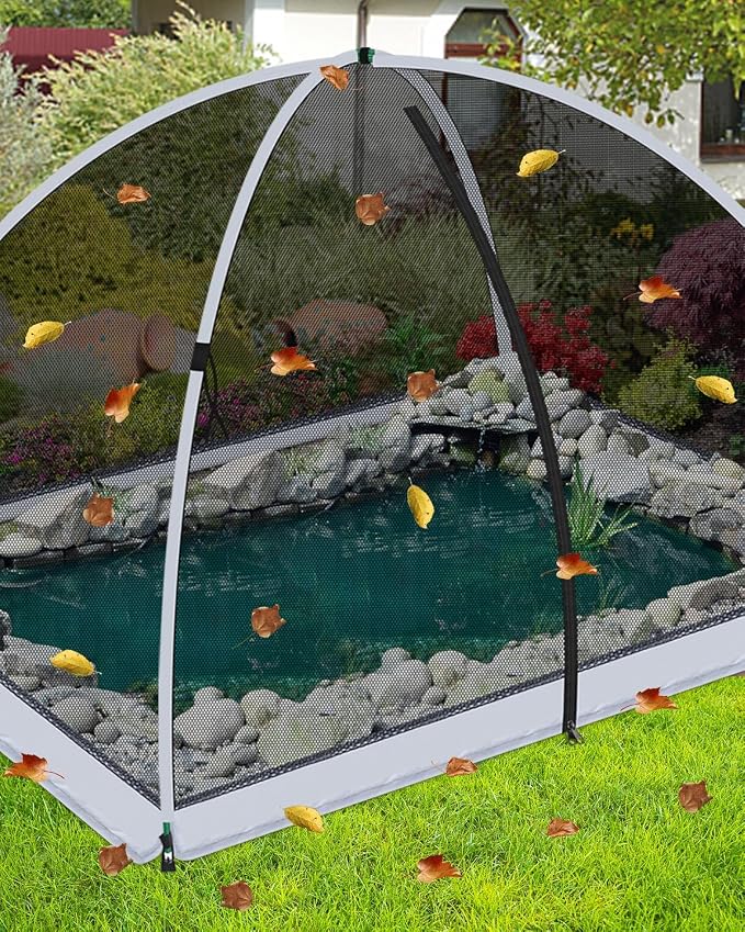 8 * 10ft Pond Cover Dome,Garden Pond Net Pond Mesh Tent with Ropes, Stakes and Fiberglass Poles, Pond and Garden Cover Protective Tent Dome Netting for Pond Pool and Garden
