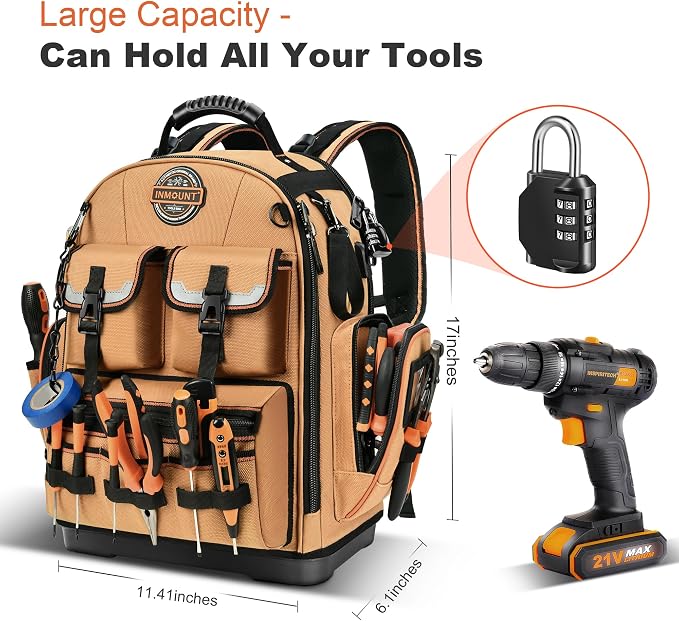 LOKASS Tool Backpack Heavy Duty with Molded Bottom, 1680D 56-Pocket Tool Bag Organizer with Laptop Compartment & Combination Lock, Durable Water-Resistant Electrician & HVAC Tool Backpack - khaki