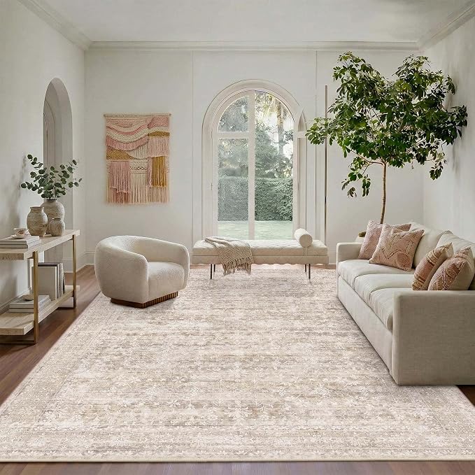 Latte&Fog Beige 8x10 Area Rugs for Living Room Netural Large Washable Rugs | Non Slip Low Pile Soft Floral Carpet for Girls Bedroom Dining Kitchen Kids Playroom Nursery Classroom Dorm Farmhouse Office