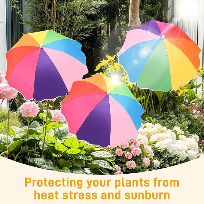 3 Pack Upgraded Plant Umbrellas for Outdoor Plants, 23.6" Garden Plant Shade Umbrella with Adjustable Angle, 40.5" Height Sun Shade for Potted Plants & Garden Beds, Rainbow Color ﻿