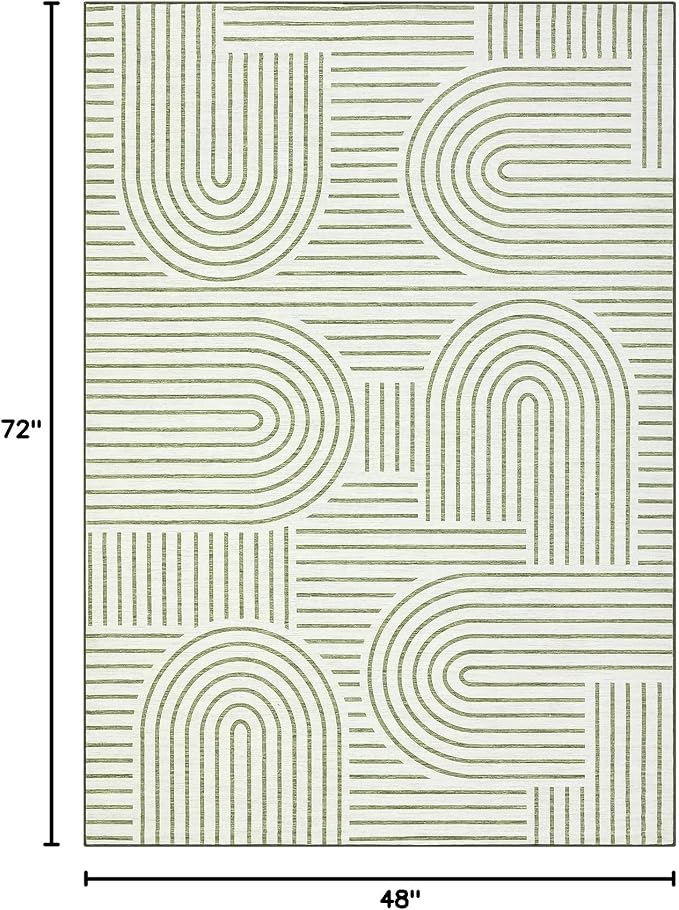 ROYHOME Modern Washable Rug 4x6 Area Rugs for Living Room Non Slip, Green | Abstract Rug for Bedroom, Rainbow Throw Rugs with Rubber Back, Low Pile Stain Resistant Geometric Carpet for Playroom Dorm