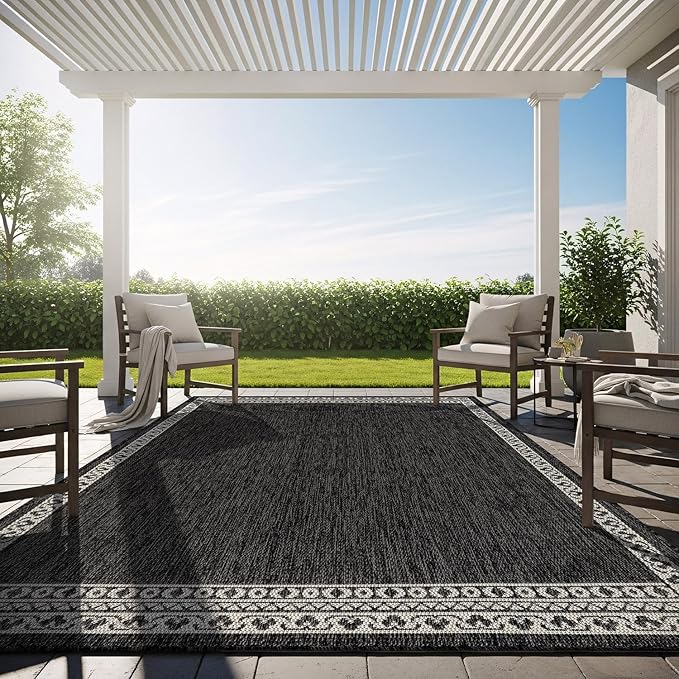Washable Outdoor Rug 10x14 Modern Area Rugs Outdoor Carpets Bordered Pattern Non Shedding Waterproof Easy Clean Patio Deck Porch Living Room Bedroom Garden RV (10 X 14 Dark Gray)