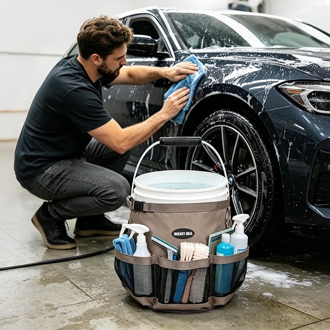 MELOTOUGH Wash Tool Organizer for 5 Gallon Bucket, Cleaning Bucket Organizer Water-Resistant Mesh Pockets for Clean Supplier,Car Wash Supplier,Soap and Towel Holder Ring Included