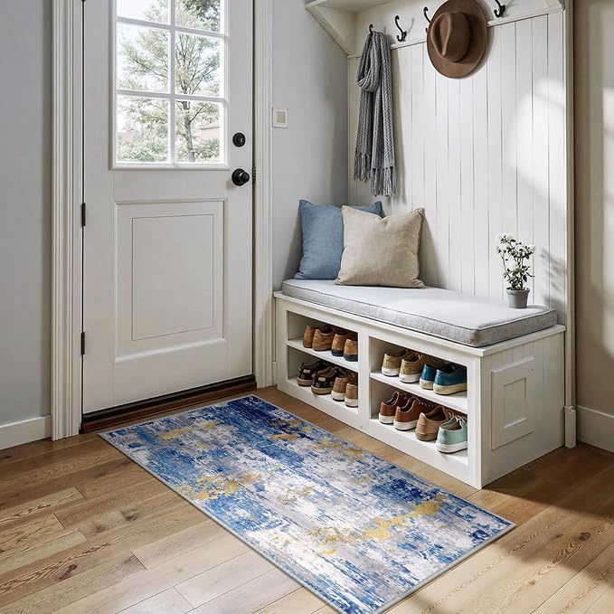 RELEANY Washable 2'x5' Abstract Area Rug for Living Room Blue Gold | Carpet for Bedroom, Kitchen, Office, Hallway and Entryway, Printed Pattern, Non‑Slip, Soft, Stain‑Resistant, Easy to Clean