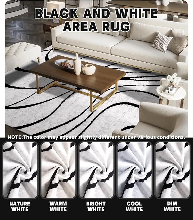 Modern Rugs 6x9, Washable Black and White Area Rug, Thin Abstract Geometric Minimalist Striped Rug, White Rugs for Living Room,Bedroom,Kitchen,Dining Room,Office