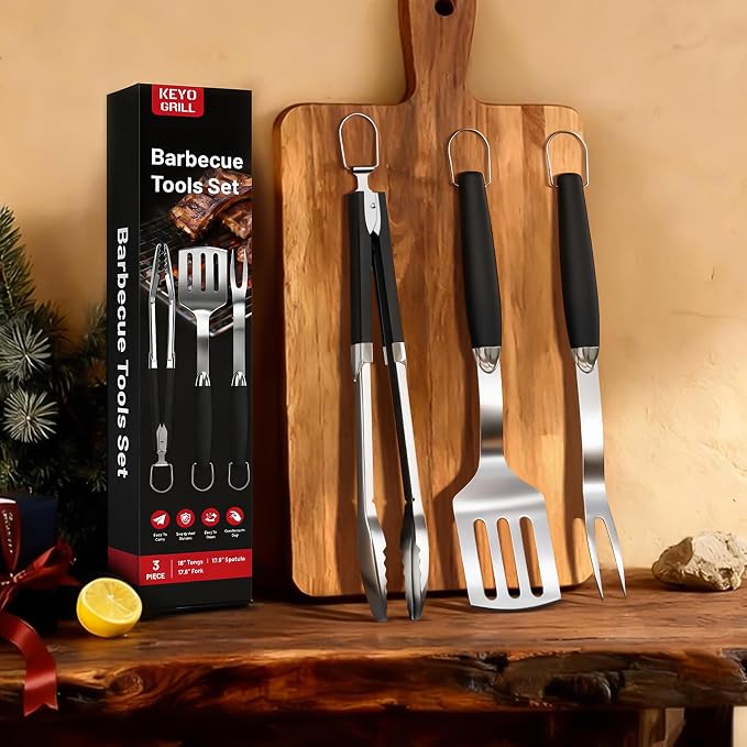 KEYO GRILL Heavy-Duty Stainless Steel Grilling Accessories, Professional Grill Utensils Set with Spatula, Fork & Tongs, Ideal BBQ Set Grilling Tools for Outdoor Grill, Gifts for Men Dad