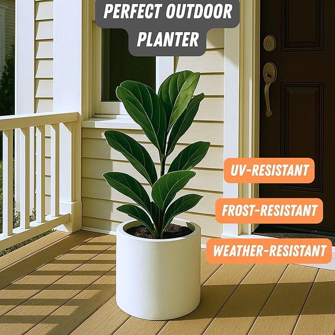 Fox & Fern Large Indoor Planter, Modern Large Plant Pot for Indoor or Outdoor, UV and Frost Resistant - 10 Inch, Fiberstone, Matte White Flower Pot with Drainage Plug, Lightweight