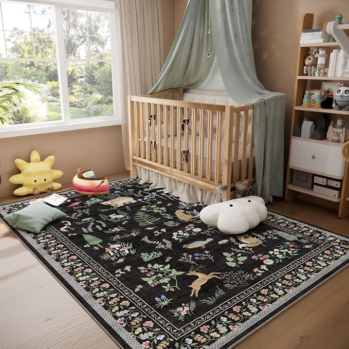 Washable Area Rugs for Living Room: 5x7 Bedroom Rug Vintage Rugs Stain Resistant Non Slip Low Pile Soft Lightweight Indoor Carpet Rug for Kitchen Dining Room Farmhouse Nursery Kids Room Home Office