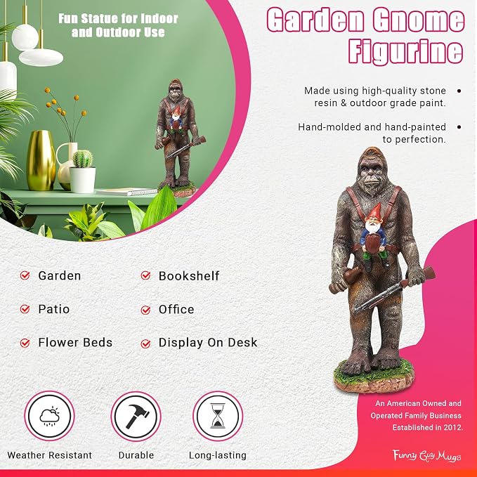 Funny Guy Mugs Bigfoot Garden Statue - Bigfoot and A Gnome - Indoor/Outdoor Garden Gnome Sculpture for Patio, Yard or Lawn