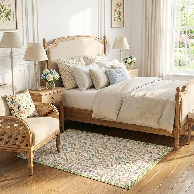 jinchan Vintage Floral 3x5 Washable Entryway Accent Area Rug, Sage Green | Soft & Lightweight, Checkered Floral, Low Pile, Non Slip, Entrance, Kitchen, Bedside, Girls Dorm, Cottage Decor