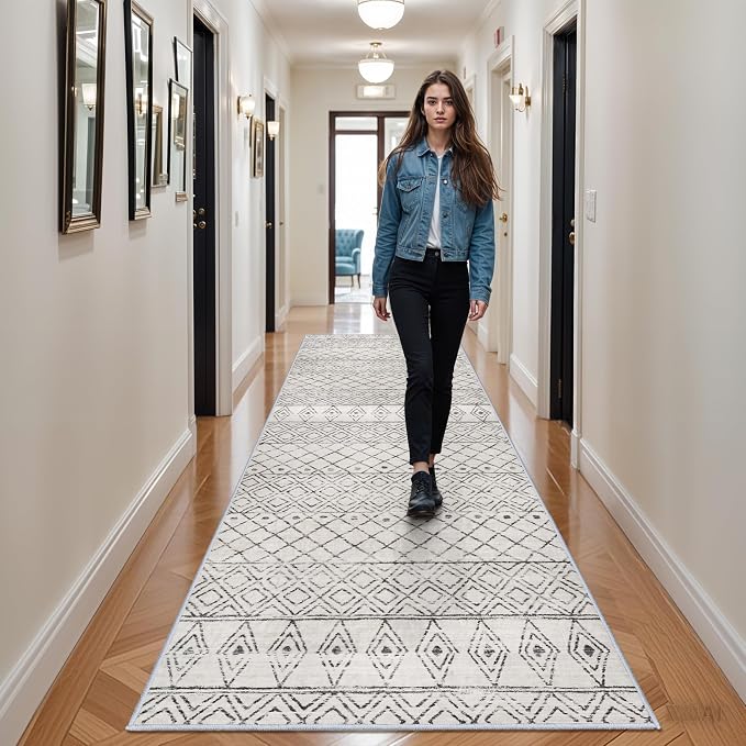 Washable 4x12 Rug for Hallway: Extra Long Moroccan Non Slip Rug Grey | Geometric Pets Friendly Runner Low Pile Soft Indoor Floor Mat Front Door for Kitchen Bedroom Entryway Laundry