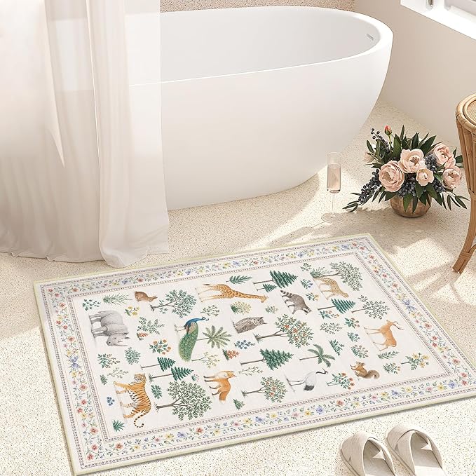 Jungle Animal Print Rug 2x3 for Entryway Wild Zoo Animals Forest Area Rugs Machine Washable Rug Non Slip Print Low Pile Indoor Front Door Mat for Kids Room Nursery Bathroom Playroom Kitchen,Beige