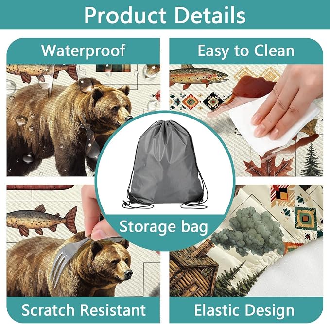 Picnic Table Cover with Bench Covers Camping Elastic Edge Essentials Waterproof Windproof Camping Tablecloth with Drawstring Bag, Fitted Rectangle Tables and Seats, 30X96 Inch, Rustic Cabin Bear Deer