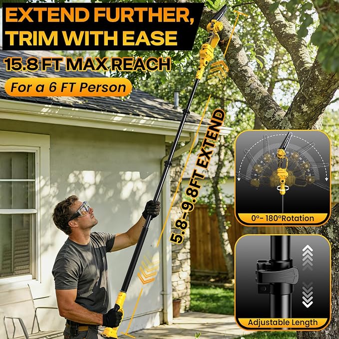 4-in-1 Cordless Pole Saw & Electric Pruning Shears Combo for De Walt 20V MAX Battery (No Battery), Brushless 8 Inch Mini Chainsaw, 15.8 FT Max Reach, Tree Trimmer & Branch Cutter