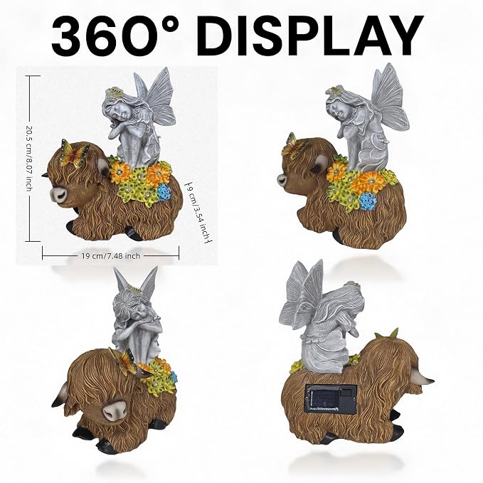 Angel Garden Decor Statue Solar Angel Sitting on Highland Cow Succulent Butterfly Bee LED Lights Outdoor Decorations for Yard Patio Housewarming Gift for Mom Women