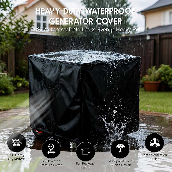 Waterproof Generator Cover, 24x18x18 inch, 600D Heavy Duty Oxford - for Most Generators 3000-5000 Watt, Portable Generator Cover for Outside, Black
