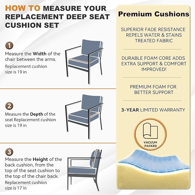 Deep Seat Patio Cushions Set 19 x 19 Inch,Olefin Fabric Outdoor Seat Cushion,Patio Furniture Cushions with Removable Cover,Rain-Proof and Fade Resistant Deep Seat Bottom & Back Cushion,1set