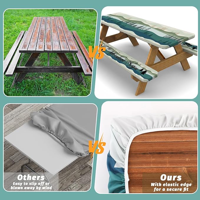 Picnic Table Cover with Bench Covers Elastic Edges Outdoor Camping Essentials 4 Pcs Mountains Waterproof Oil-Proof Tablecloth with Handbag for RV Accessories Farmhouse Camping Rustic Party Decor 72 IN