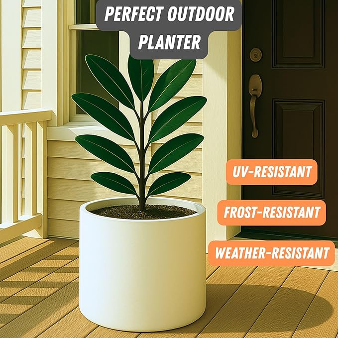 Fox & Fern Large Indoor Planter, Modern Large Plant Pot for Indoor or Outdoor, UV and Frost Resistant - 14.6 Inch, Fiberstone, Matte White Flower Pot with Drainage Plug, Lightweight