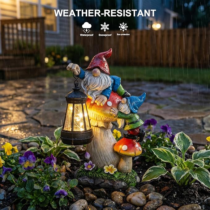 C&Y&G&X Solar Garden Gnome Statue with Lantern, Waterproof Mushroom Garden Decor, Resin Gnome Yard Art with Solar LED Lights for Outdoor Lawn Patio Porch, Gifts for Mom Grandma Garden Lovers