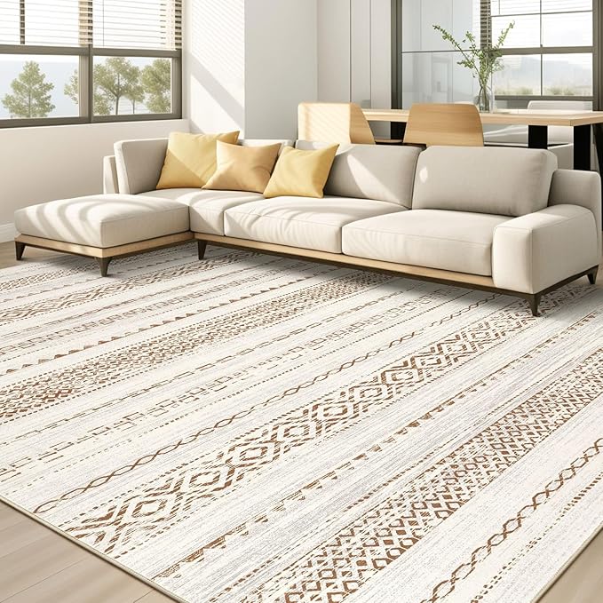 kakania Washable 9x12 Area Rug for Living Room: Boho Geometry Home Decor | Soft Stain Resistant, Low-Pile, Non-Slip, Pet & Kid Friendly, Thin Rug for Bedroom/Dining Room/Kids Dorm - Square Brown