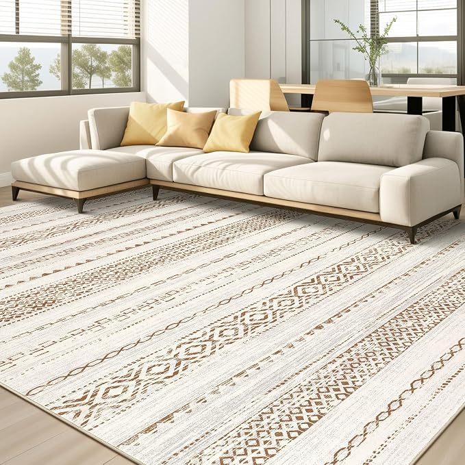 kakania Washable 8x10 Area Rug for Living Room: Boho Geometry Home Decor | Soft Stain Resistant, Low-Pile, Non-Slip, Pet & Kid Friendly, Thin Rug for Bedroom/Dining Room/Kids Dorm - Square Brown