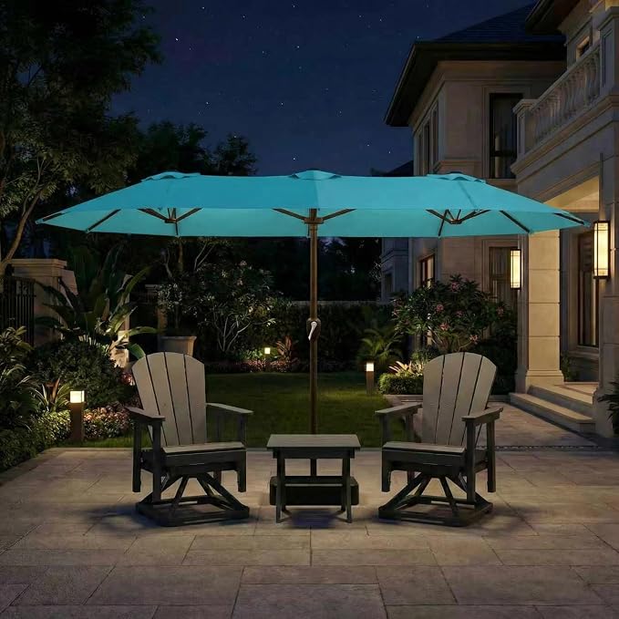 15FT Large Patio Umbrella with Base Included, Double Sided Outdoor Market Umbrella with Flexible Fiberglass Ribs, UV-Blocking Extra Large Umbrella for Garden, Pool, Deck, Sky Blue