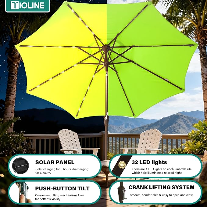 9FT Solar-Powered LED Patio Umbrella with Tilt Crank,Outdoor Market Umbrella with 32 Lights,Sunshade for Deck, Garden and Pool
