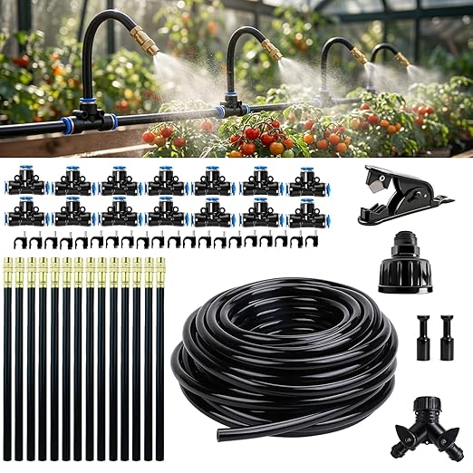 2026-Upgrade 100Ft 1/4" Drip Irrigation System,Garden Watering Kit with 20Pcs 360° Adjustable Copper Nozzles,Automatic Atomizing Sprinkler,DIY for Outdoor,Lawn,Greenhouse,Raised Beds (50FT/14pcs)