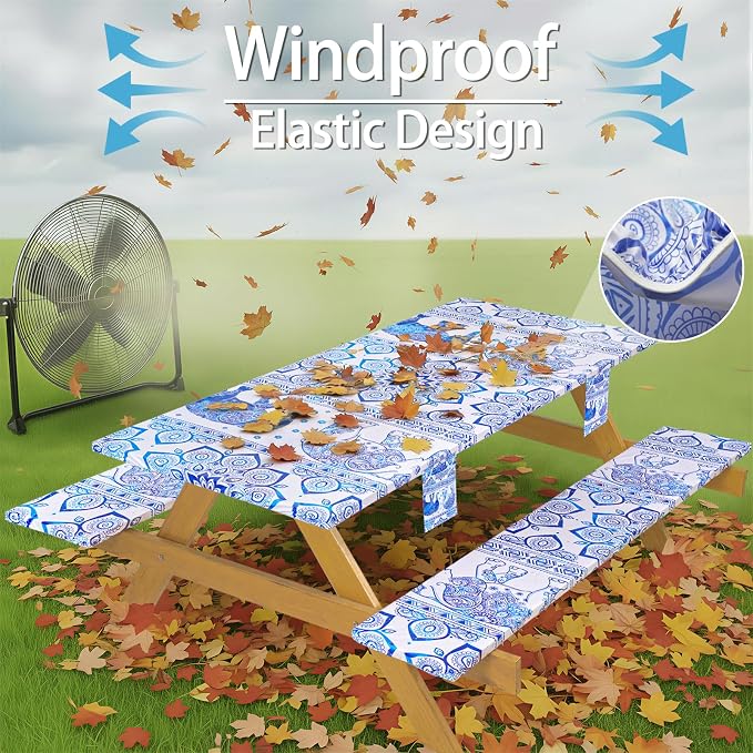 Fitted Waterproof Picnic Table Cover with Bench Covers Heavy Duty Elastic Outdoor Camping Tablecloth for 6 Foot Rectangle Tables Summer Rv Accessories Patio Garden Road Trip Essentials Gifts