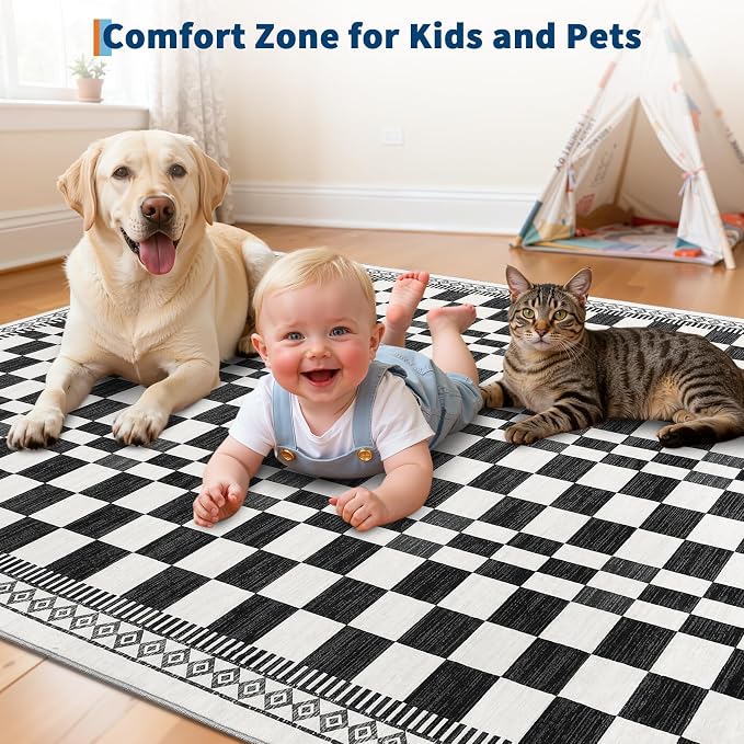 GarveeHome Kitchen Runner Rug 2x6, Modern Black and White Checkered Rug | Washable Non-Slip Carpets for Kids Room, Contemporary Abstract Low Pile Nursery Rug for Bedside Laundry Classroom Bathroom