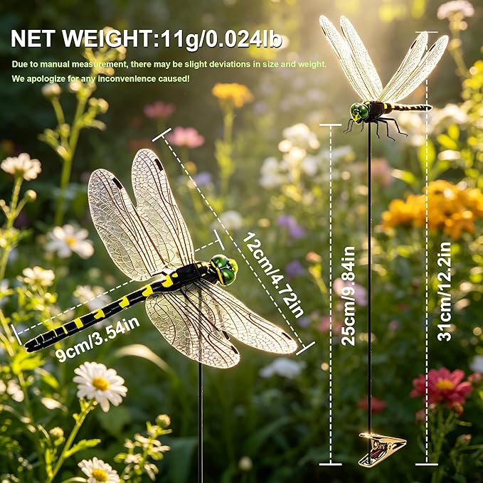 24 Pack 3D Dragonfly Clips, Fake Dragonflies with Stakes, Realistic Plastic Dragonfly Garden Decorations, Fly Deterrent Clips for Hats, Pets, Horses, Deer, Yard, Patio, Indoor & Outdoor Decor