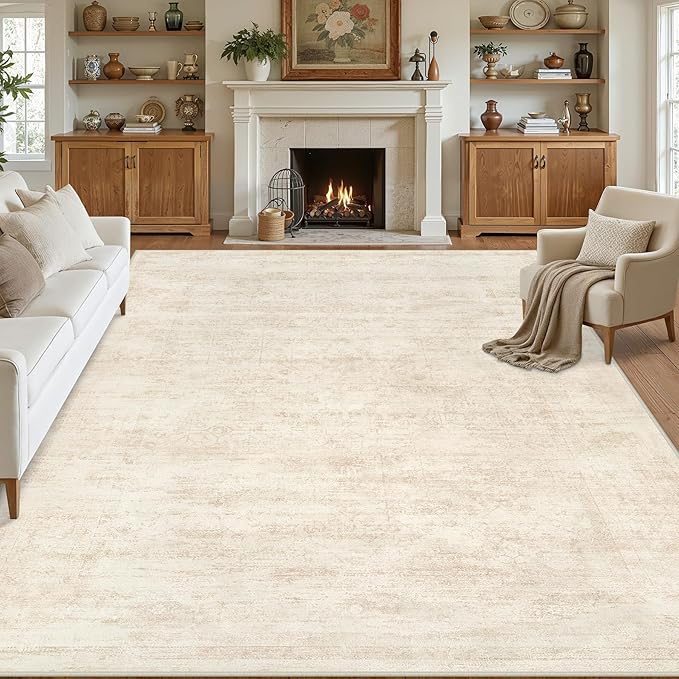 8x10 Area Rugs Living Room: Bedroom Washable Carpet Retro Beige | Large Vintage Boho Indoor Decor Neutral Soft Nursery Farmhouse Dining Room Office Floor Non-Slip Low Pile Under Table Rug