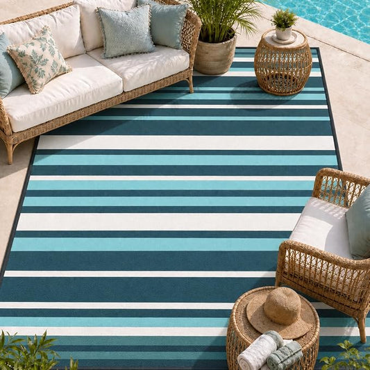 Outdoor Rug Camping Essentials - 5x8 FT Outdoor Plastic Straw Rug for Patio Clearance, Waterproof RV Essentials Outside Area Rug for Deck Garden, Backyard Patio Furniture Set, Dark Grey & Blue