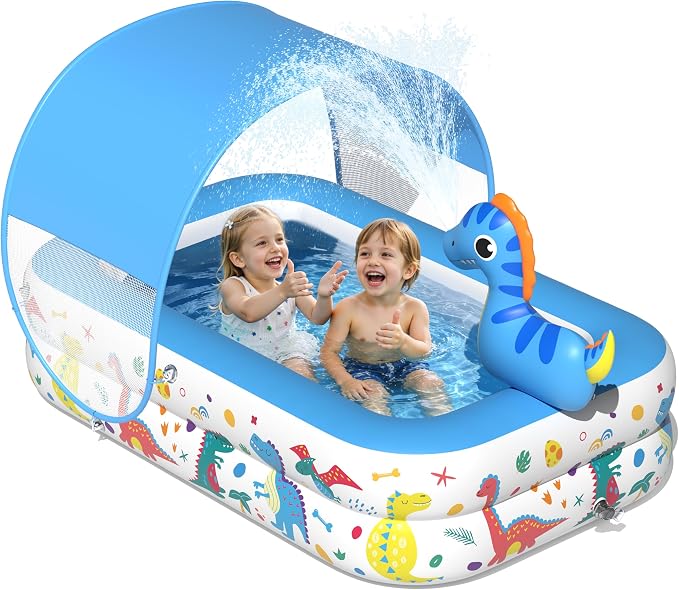 JOSEN Dinosaur Kiddie Pool with Canopy and Sprinkler, Inflatable Baby Pool with Soft Cushioned Floor, Portable Toddler Blow Up Pool Ball Pit for Backyard, Outdoor/Indoor Play Toys