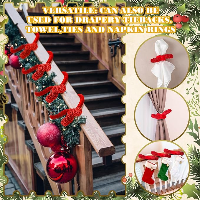 Jutom 16 Pcs 20 Inches Christmas Velvet Garland Ties Decorative Banister Twist Ties Reusable and Flexible for Xmas Light Banisters Home Stairways Railings Decoration(Red)