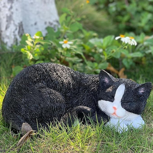 Cat Statue Outdoor Cat Figurines Garden Decor, Tuxedo Cats Black Tabby Statue Figurine Decor Sculpture for Patio, Yard, Sleeping Tabby Statues for Indoor Table Accessory, Gift for Mom