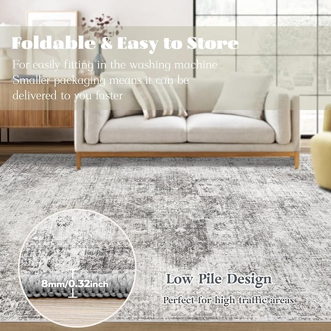 Area Rug 10x14 Washable Rug, Vintage Boho Medallion Rugs Non-Slip Soft Low Pile Large Distressed Rug Indoor Retro Carpet for Living Room Bedroom Dining Room Home Office (Grey, 10'x14')