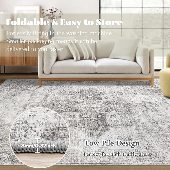 Runner Rug 2x8 Washable Rug, Vintage Boho Medallion Hallway Runner Non-Slip Soft Low Pile Distressed Floor Carpet Retro Doormat for Kitchen Bedroom Laundry Entryway Bathroom (Grey, 2'x8')