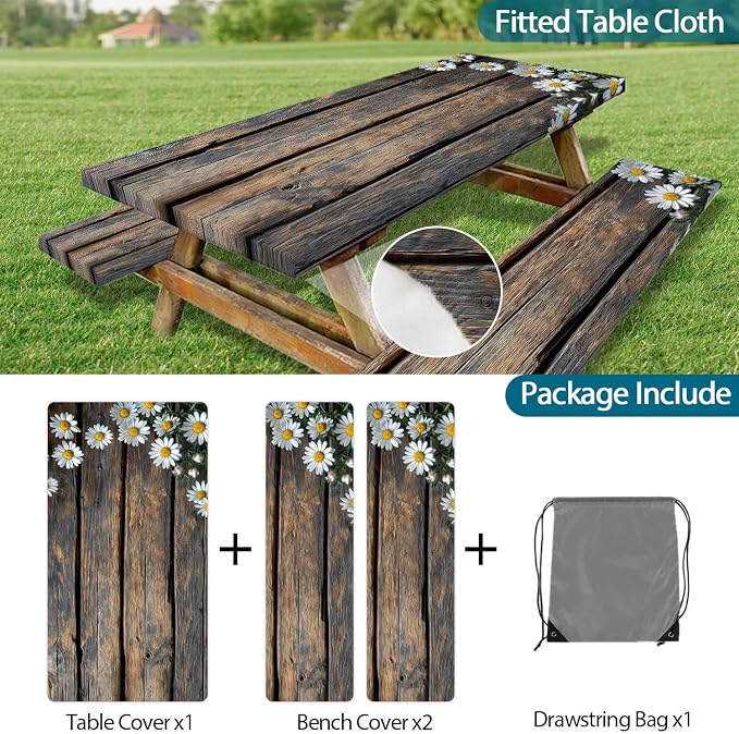 Picnic Table Cover with Bench Cover, Outdoor Patio Camping Essentials Farmhouse Daisy Table Covers with Elastic Waterproof Camping Tablecloth with Drawstring Bag, 96In 3PCS