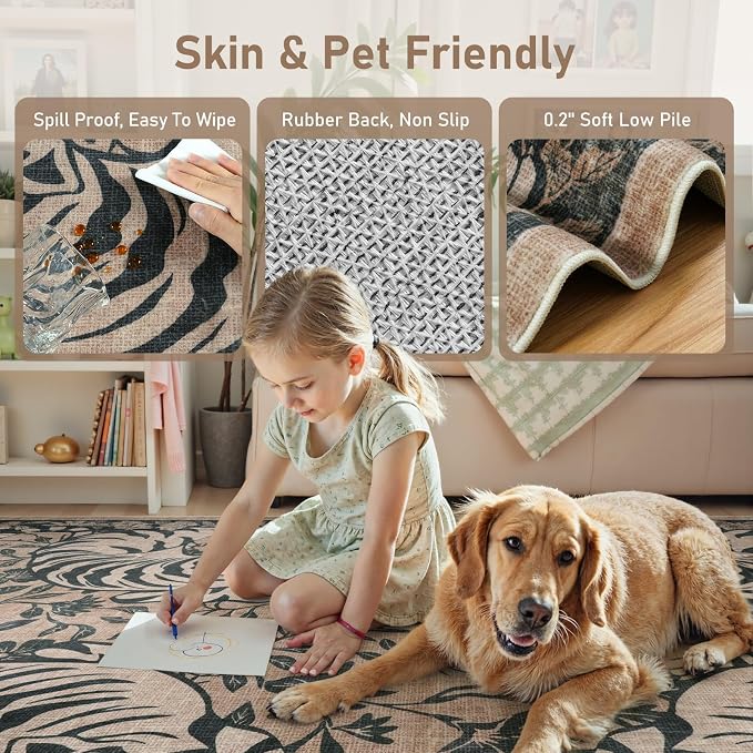 LIVEBOX Washable Tiger Area Rug 5x7, Non-Slip Boho Jungle Rug for Living Room, Vintage Animal Floor Carpet for Bedroom Dining Room Home Office Dorm (Taupe)