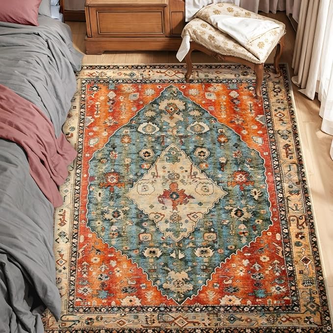 SERISSA 3x5 Washable Non Slip Boho Area Rug for Bedroom | Ultra Soft Vintage Oriental Carpet Low-Pile Distressed Tribal Throw Rug Carpet for Living Room Nursery Kitchen Dorm Decor