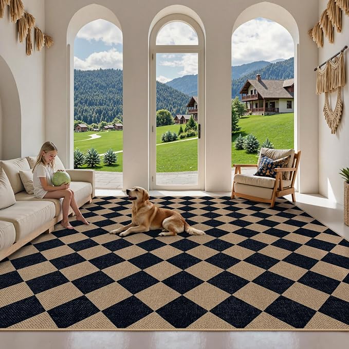 Lahome Colette Checkered Easy Jute Carpet, Washable 8x10 Rugs for Living Room Outdoor Patio Rugs, Farmhouse Neutral Non Slip Stain Resistance Floor Carpet for Office Backyard Sunroom