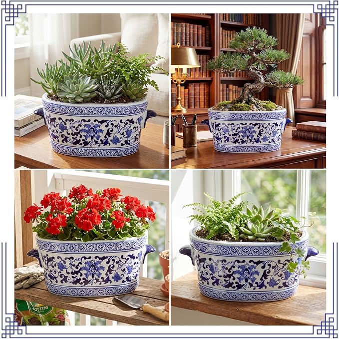 LemonRoad Blue and White Ceramic Planter Pot 14 x 7.7 x 6.1 inches Porcelain Vintage Floral Oval Cachepot Vase Chinoiserie Decor for Indoor Plants Flowers Succulents Home Living Room(Elegant Style)
