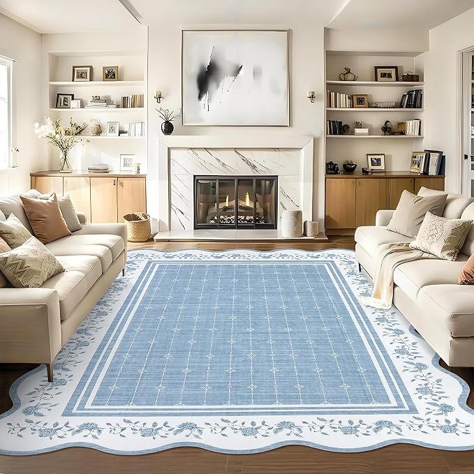 Garvee Scalloped Washable Rug 9x12 Rugs for Living Room Non Slip Blue | Neutral Nursery Rug Modern Bordered Floral Mat Indoor Soft Non-Shedding Accent Carpet for Bedroom Dining Room Kids Room Dorm